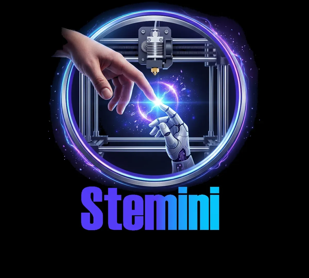 Stemini brand art in which a human hand and a robotic hand touch inside a glowing ring framing a 3D printer nozzle, above the Stemini wordmark.