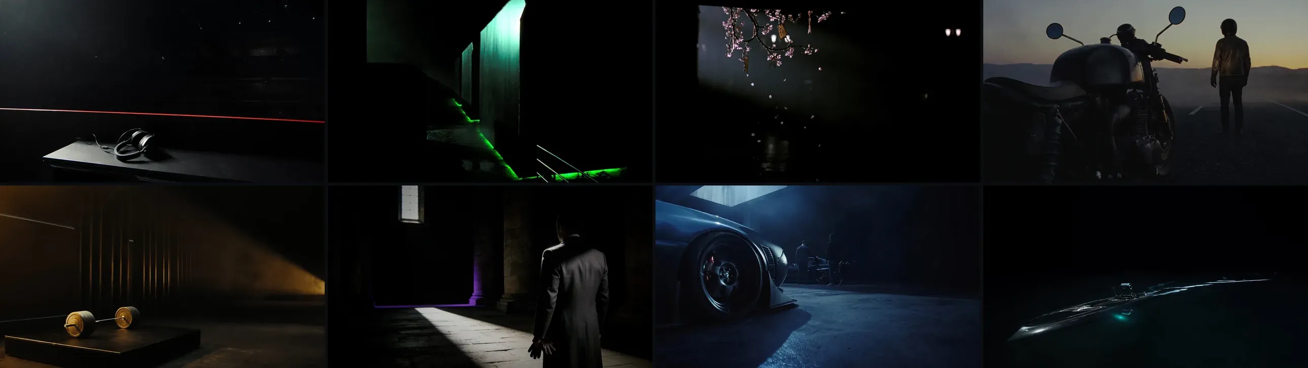 Eight dark, cinematic stills, one per Zone niche world, including a gaming headset, a motorcycle on a desert road, a barbell under a light shaft and a low car in a blue garage.